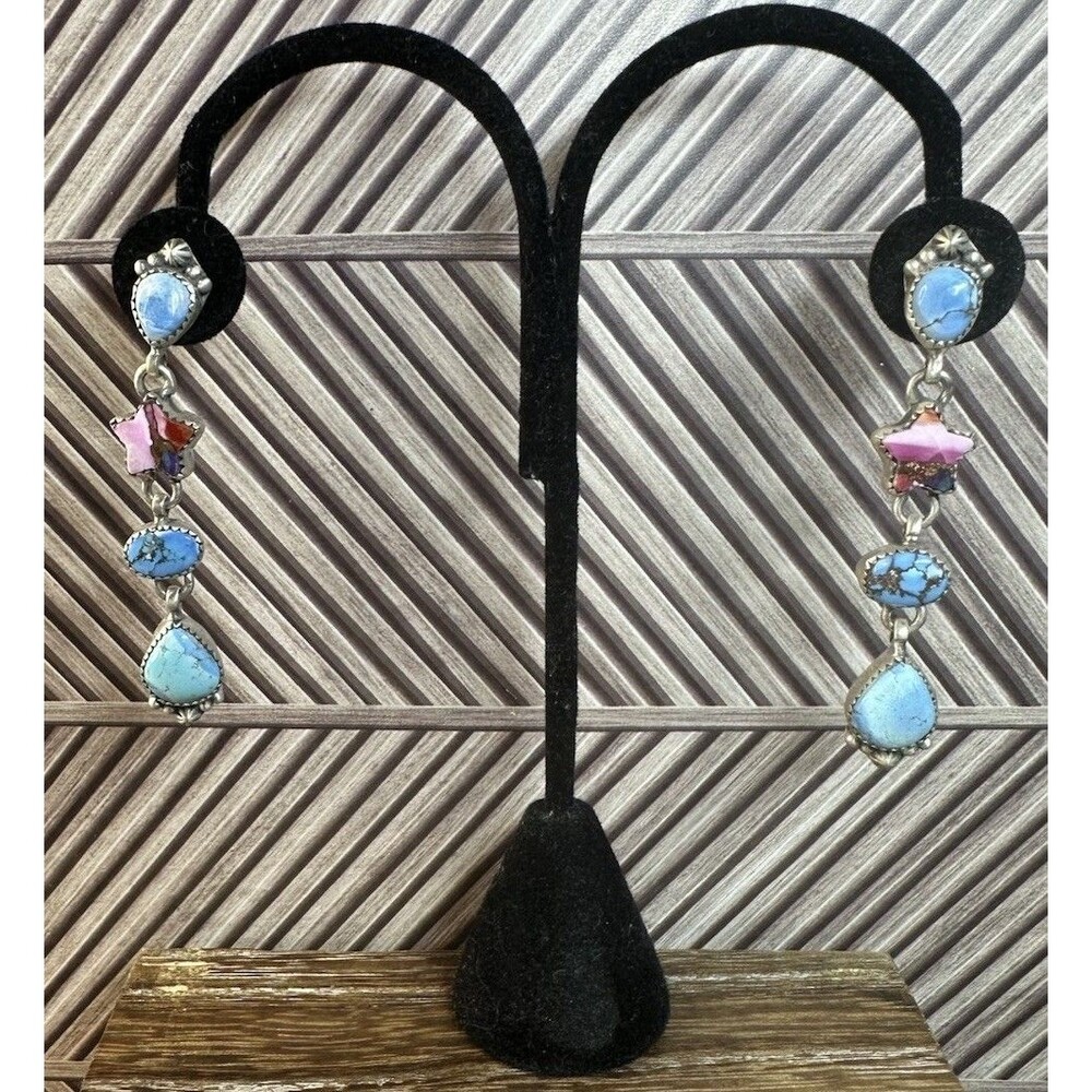 Southwest 925 Silver Golden Hills Turquoise/Pink Dahlia Dangle Drop Earrings 2.5